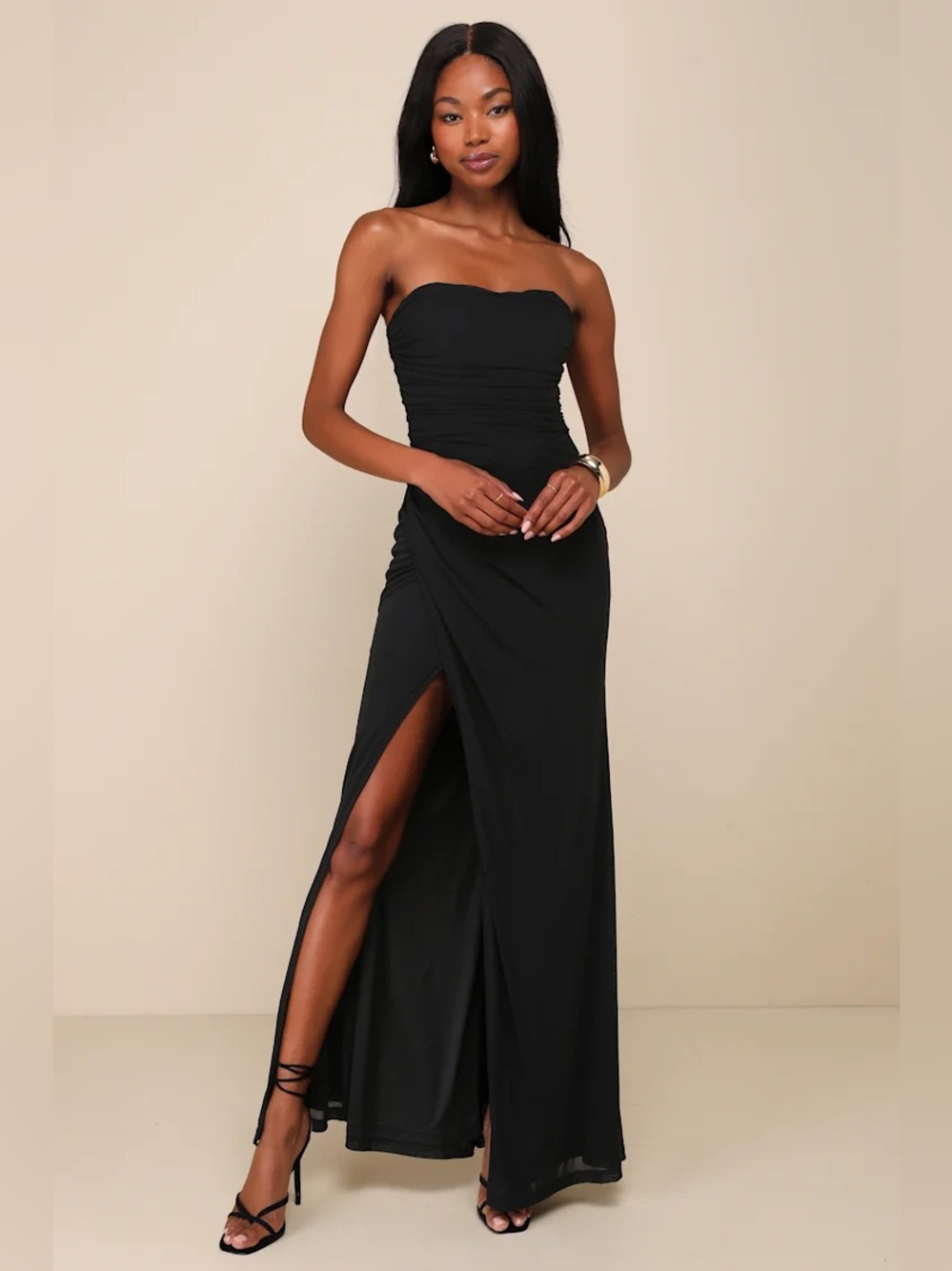 Lulus Epitome of Allure Black Mesh Strapless Ruched Maxi Evening Dress XS NWT